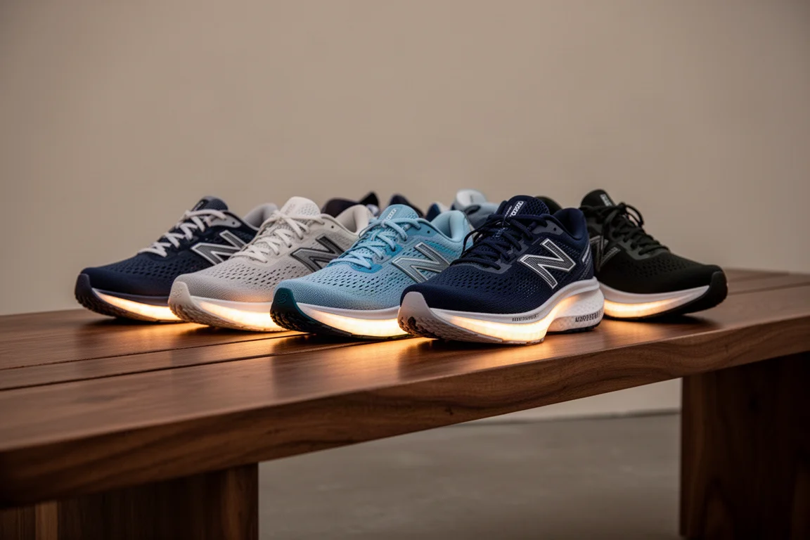 File di scarpe da running allineate su una panca di legno
