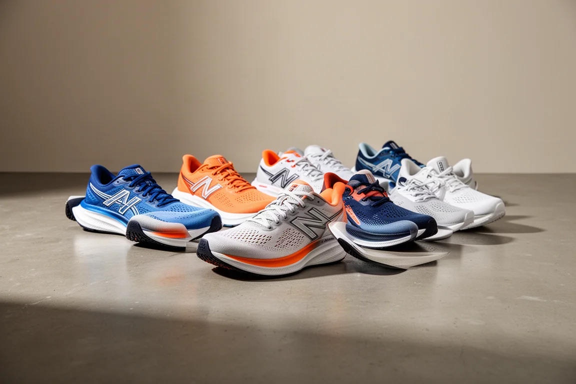 Eight running shoes in assorted colorways lined up on a concrete floor