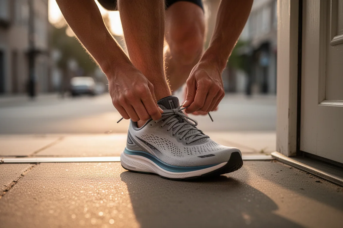 Corredor atándose las cordones de una zapatilla ligera en la puerta antes de una carrera a primera hora de la mañana