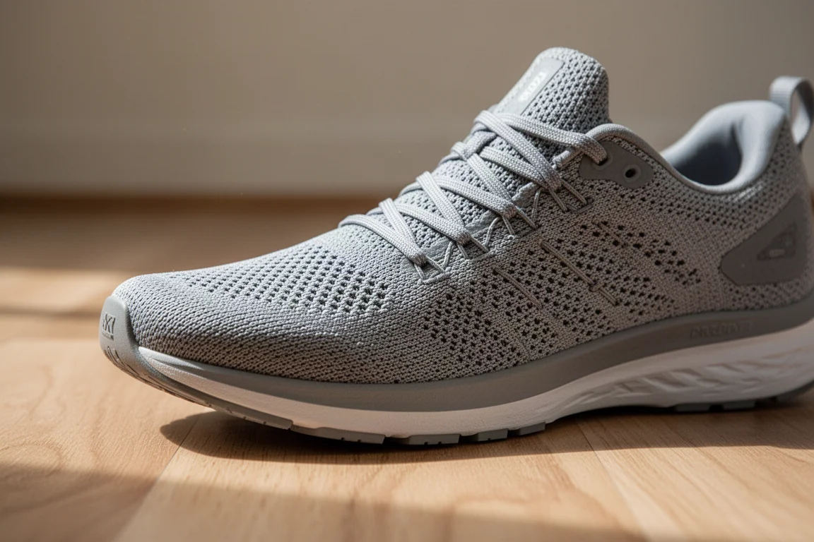 Primer plano del empeine tejido de una zapatilla de running mostrando su textura transpirable