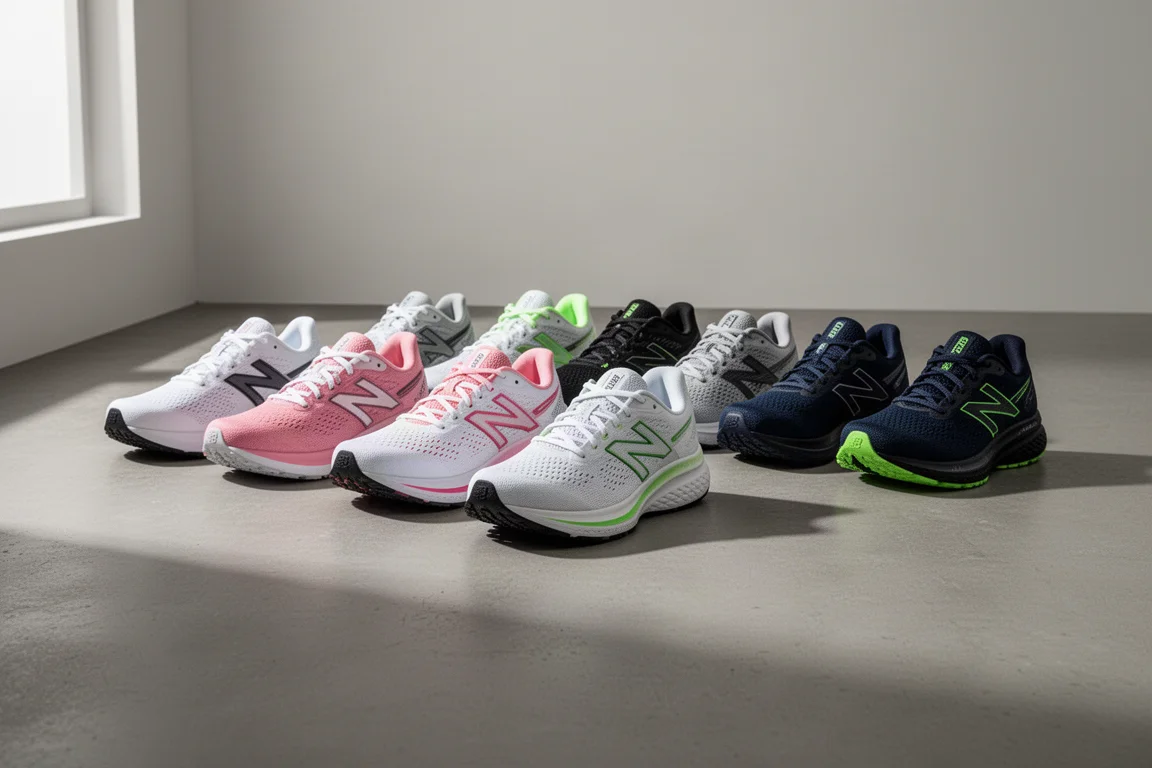 Nine discounted running shoes arranged in a row on a grey concrete floor