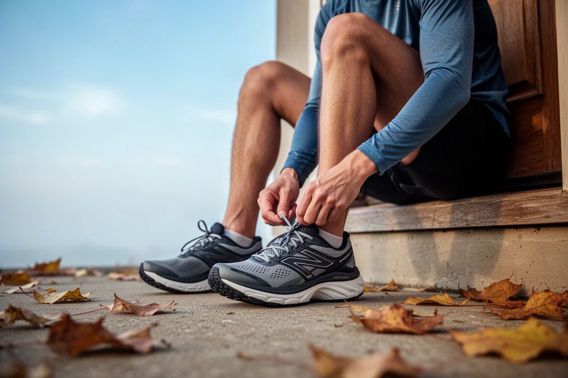 Hardloper strikt een paar gedempte dagelijkse trainers op een stoep in herfstlicht