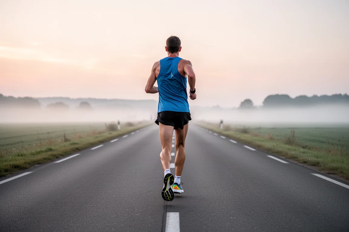 Marathonloper op een open weg tijdens een lange trainingsloop