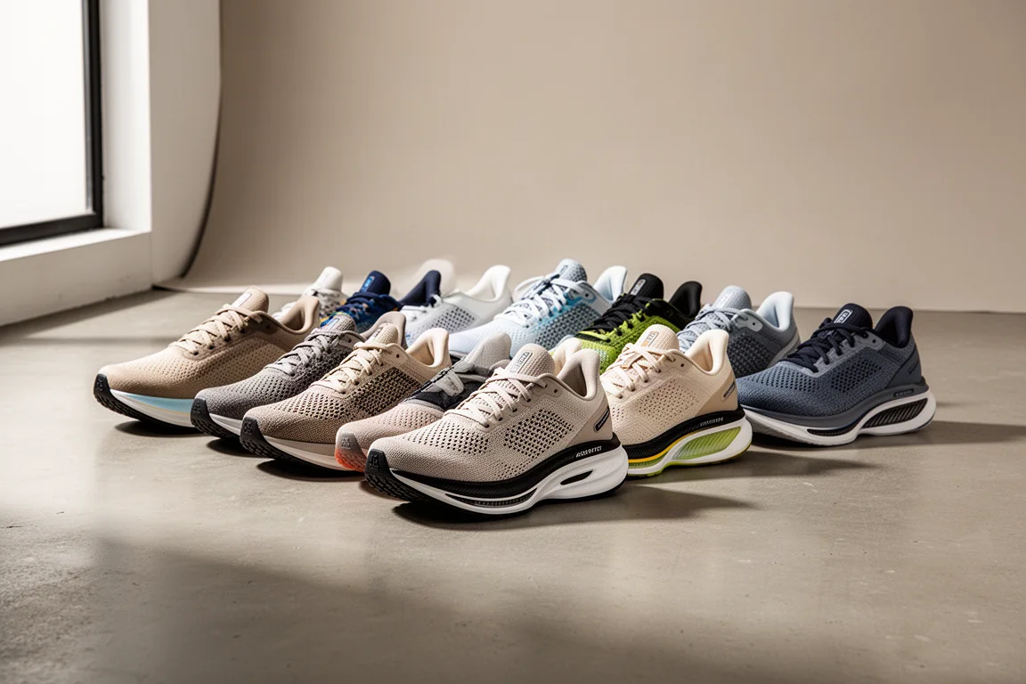 A row of ten modern running shoes on a matte concrete studio floor