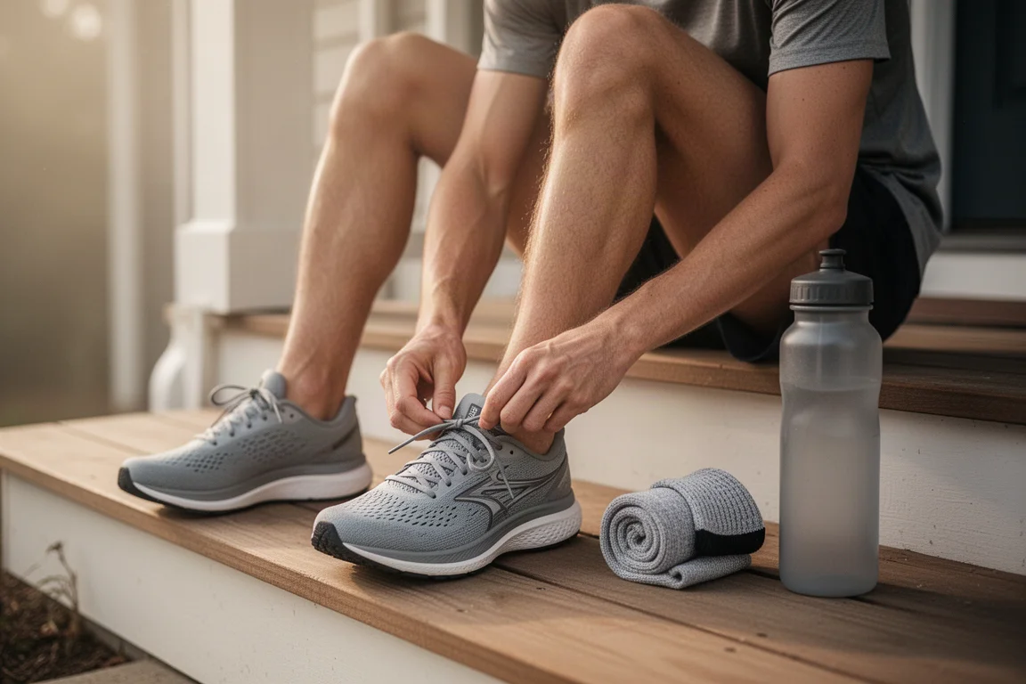 Runner lacing up a cushioned daily trainer on a wooden porch before an easy run