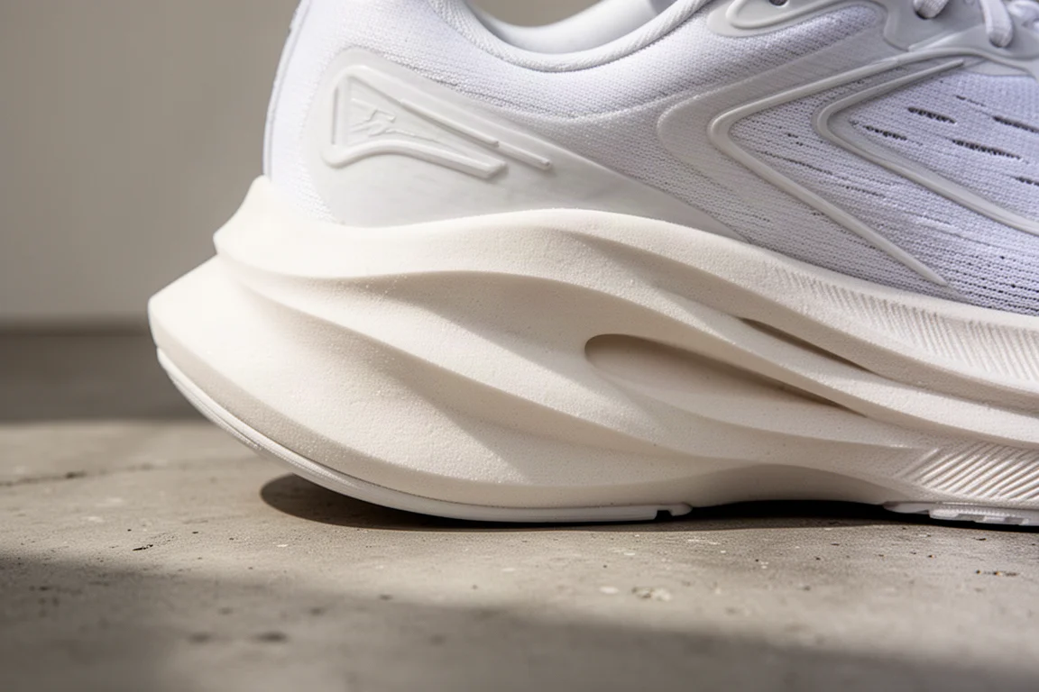 Close-up of thick white midsole foam on a max-cushion trainer