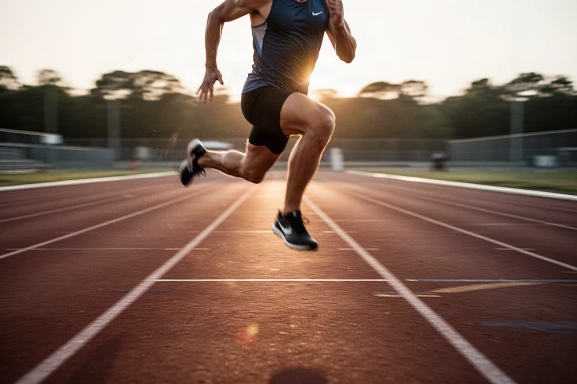 Athlete running fast 200m repeats on an outdoor track at dusk