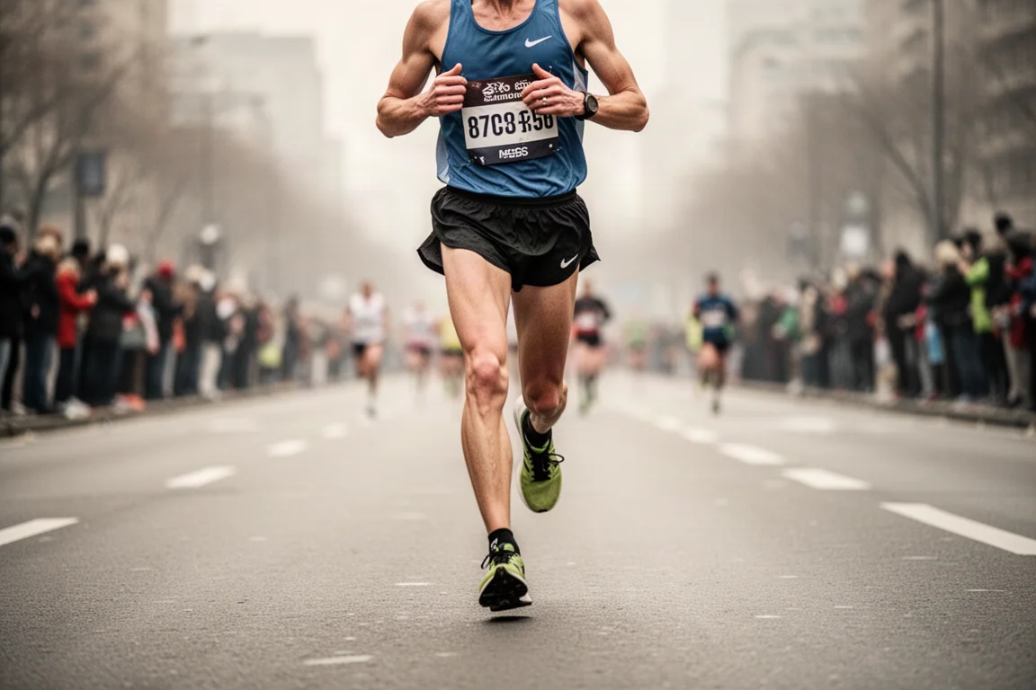 Marathon runner on an open city road in the later miles of a race