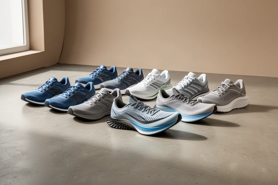 Lineup of nine running shoes on a matte concrete studio floor