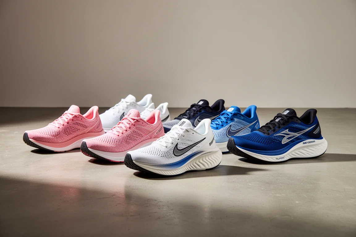 Eight running shoes in varied colorways arranged on a concrete studio floor
