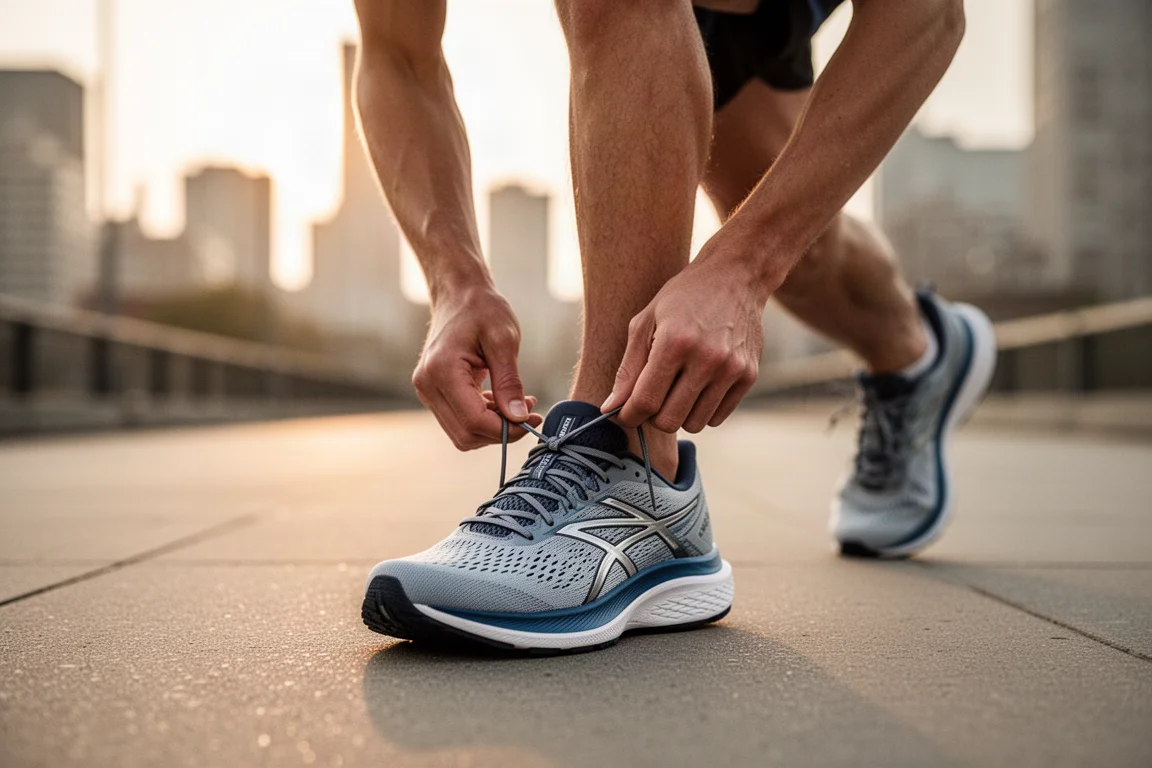 Runner lacing up a bright road running shoe before a training session
