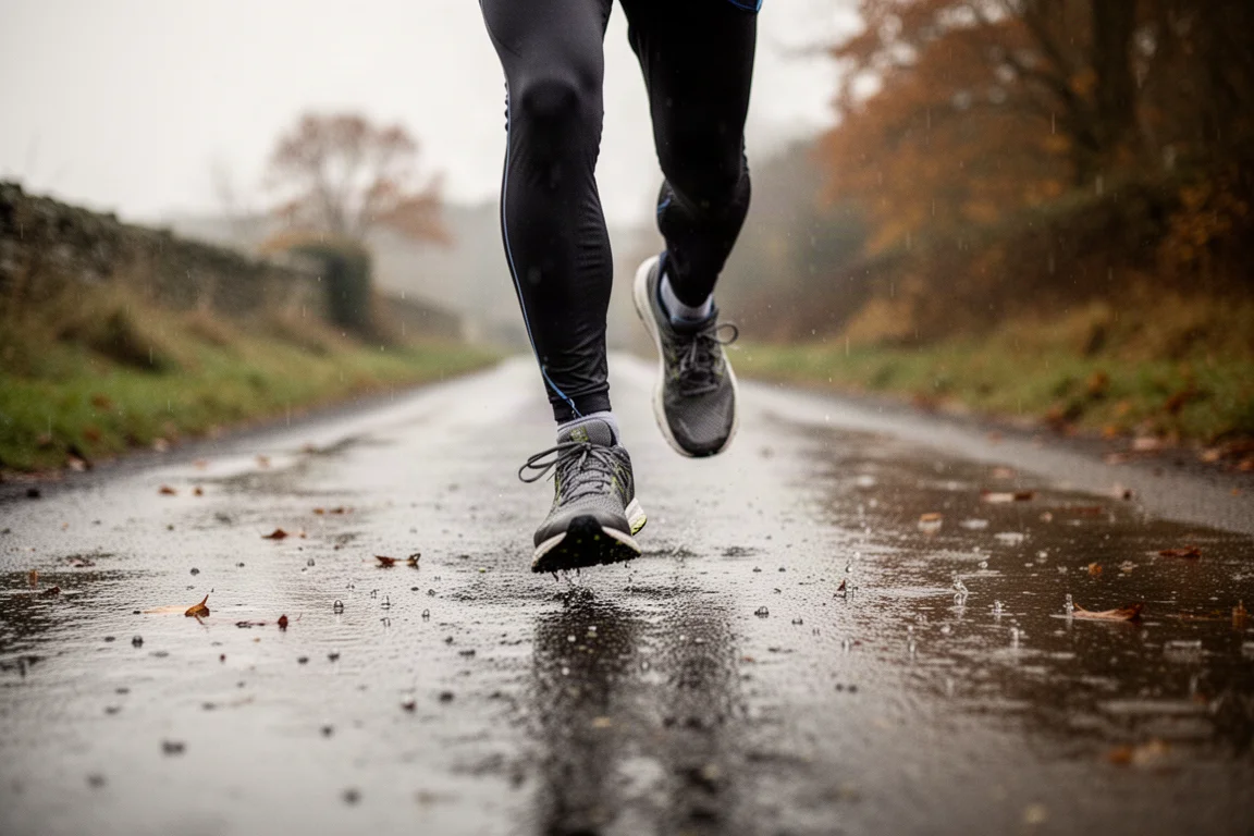Runner's feet mid-stride on a wet country lane in overcast light
