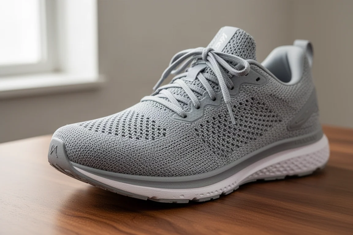 Close-up of a knit running shoe upper showing texture and lace detail