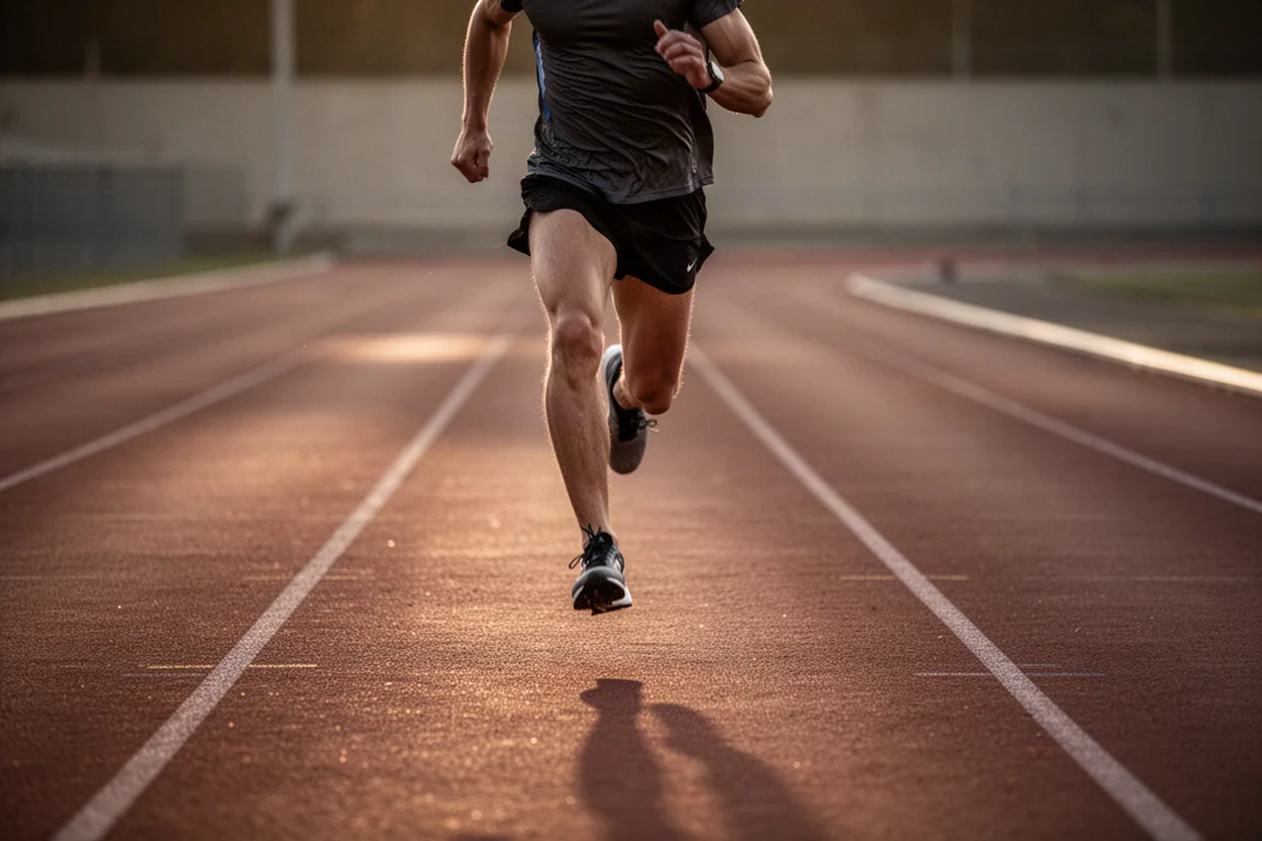 Runner accelerating on an empty track at dusk