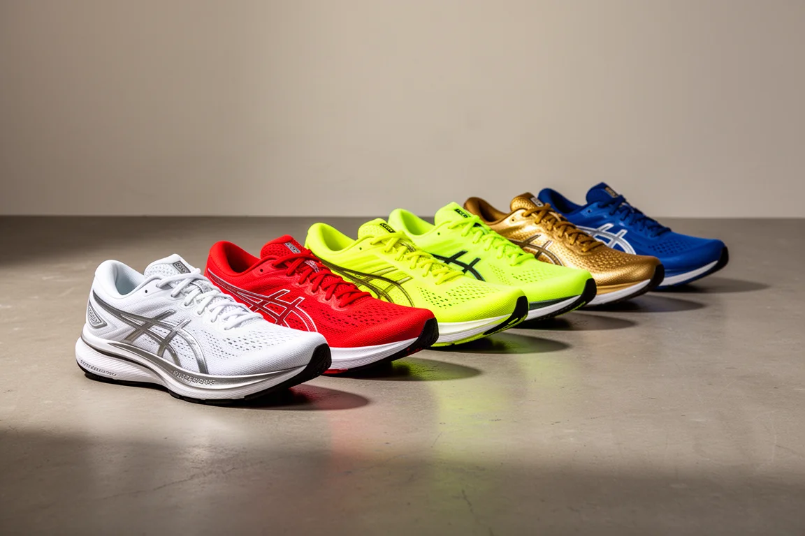 Nine discounted running shoes in varied colorways lined up on a concrete studio floor