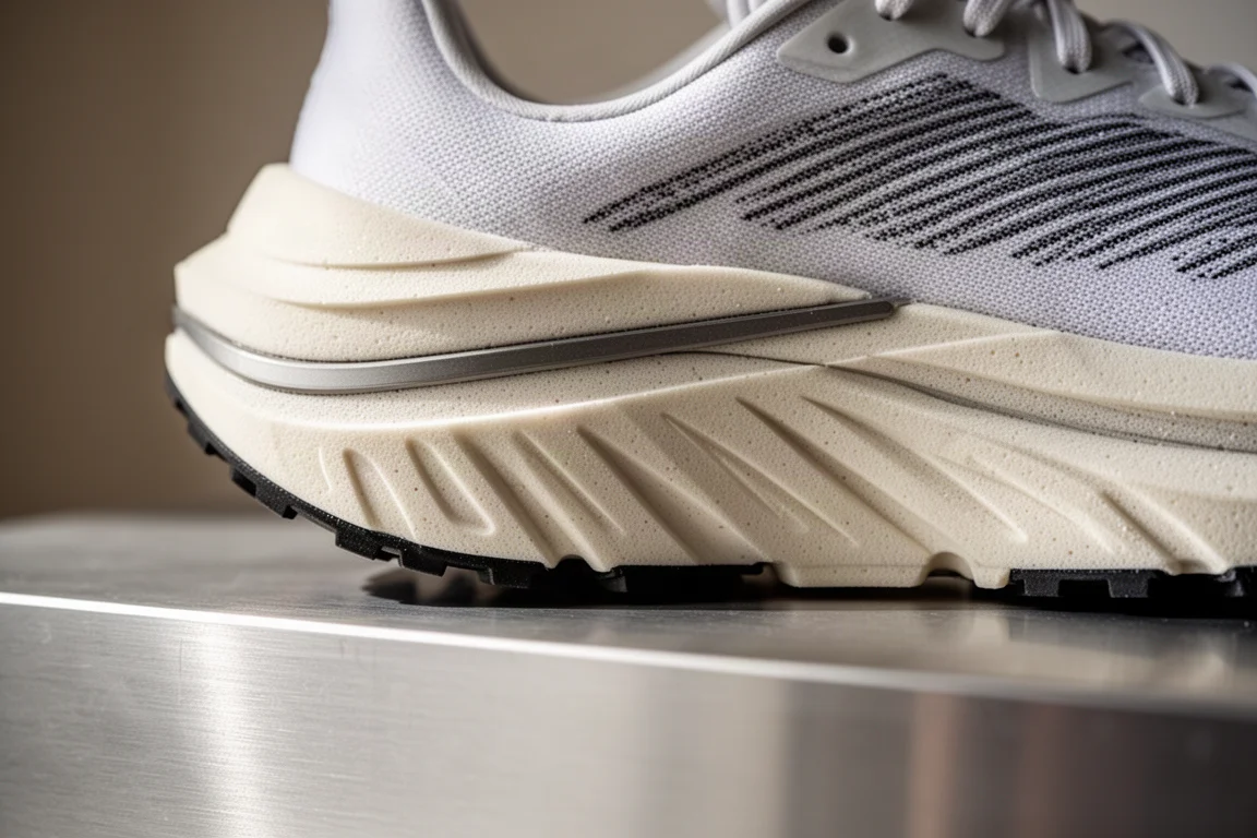 Racing shoe midsole close-up showing foam stack and plate