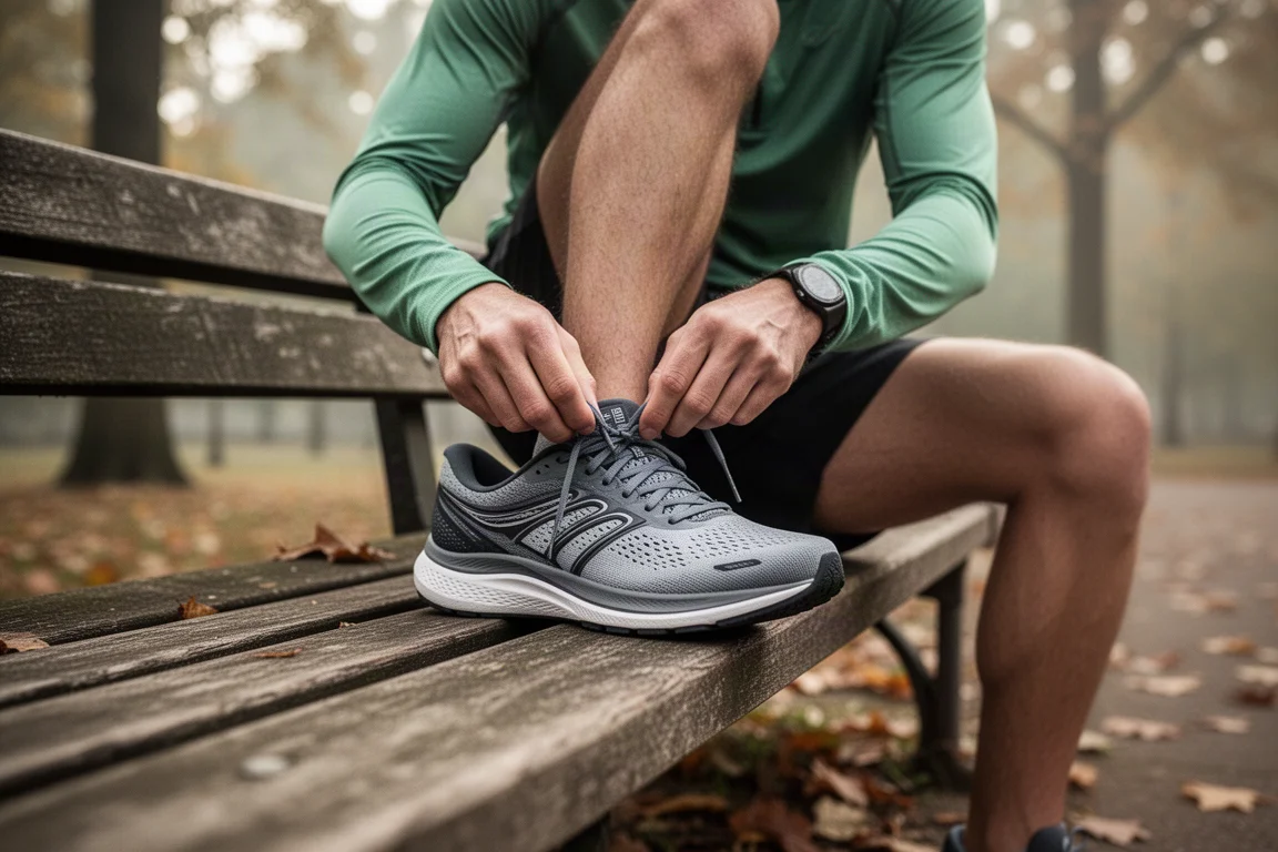 Runner lacing up a shoe at a park bench before a tempo session