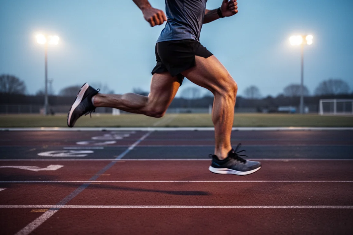 Athlete warming up on a track at dusk