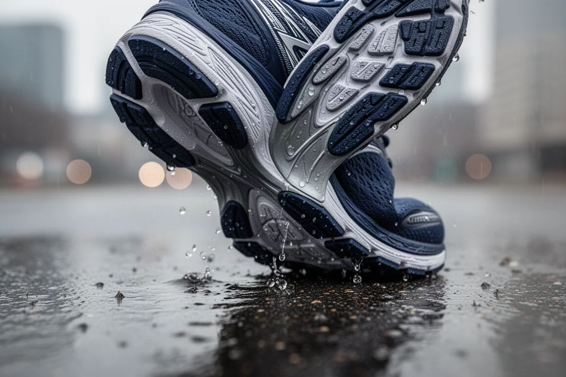 Close-up of a durable outsole rubber gripping wet pavement