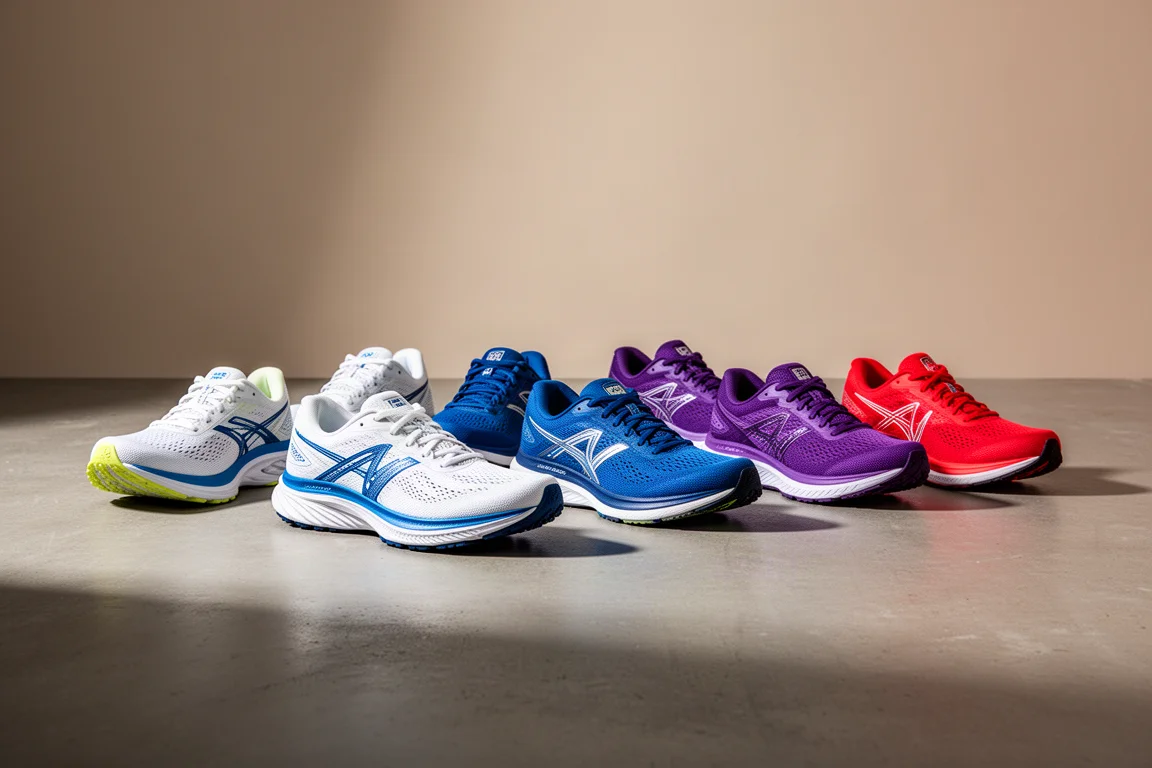 Eight running shoes arranged in a row on a concrete studio floor
