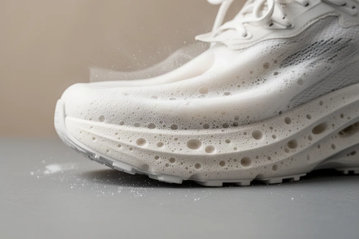 Trail shoe outsole showing 5mm lugs on wet forest trail