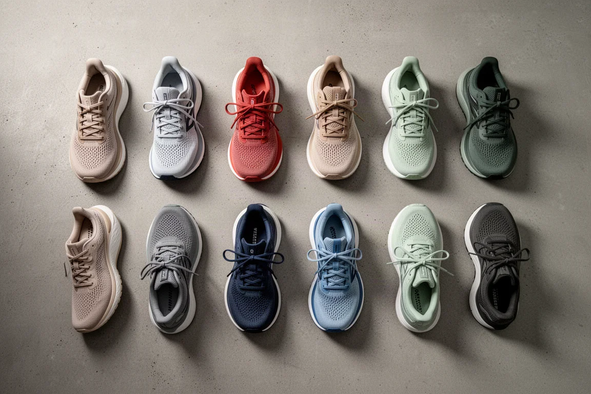 Row of assorted running shoes on a concrete surface