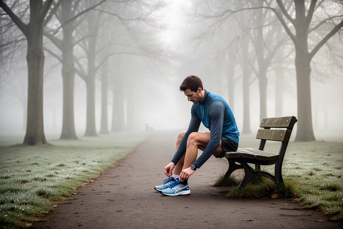 Runner lacing up running shoes on a quiet park path in early morning light