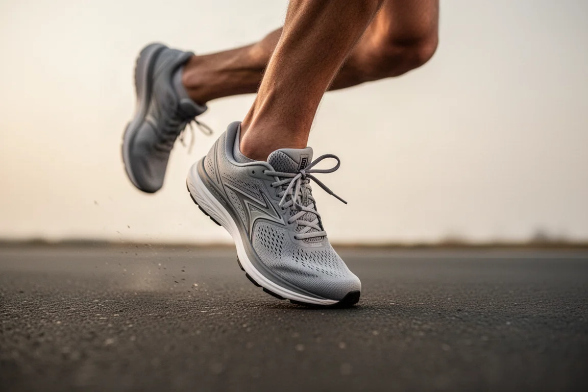 Close-up of a runner's foot striking smooth asphalt on an easy training run
