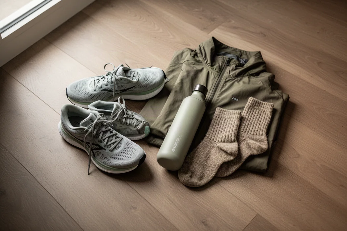 Running shoes and small gear laid out flat on a wooden floor