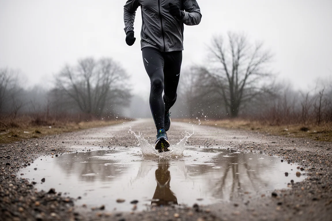 Runner splashing through a shallow puddle on a wet winter trail
