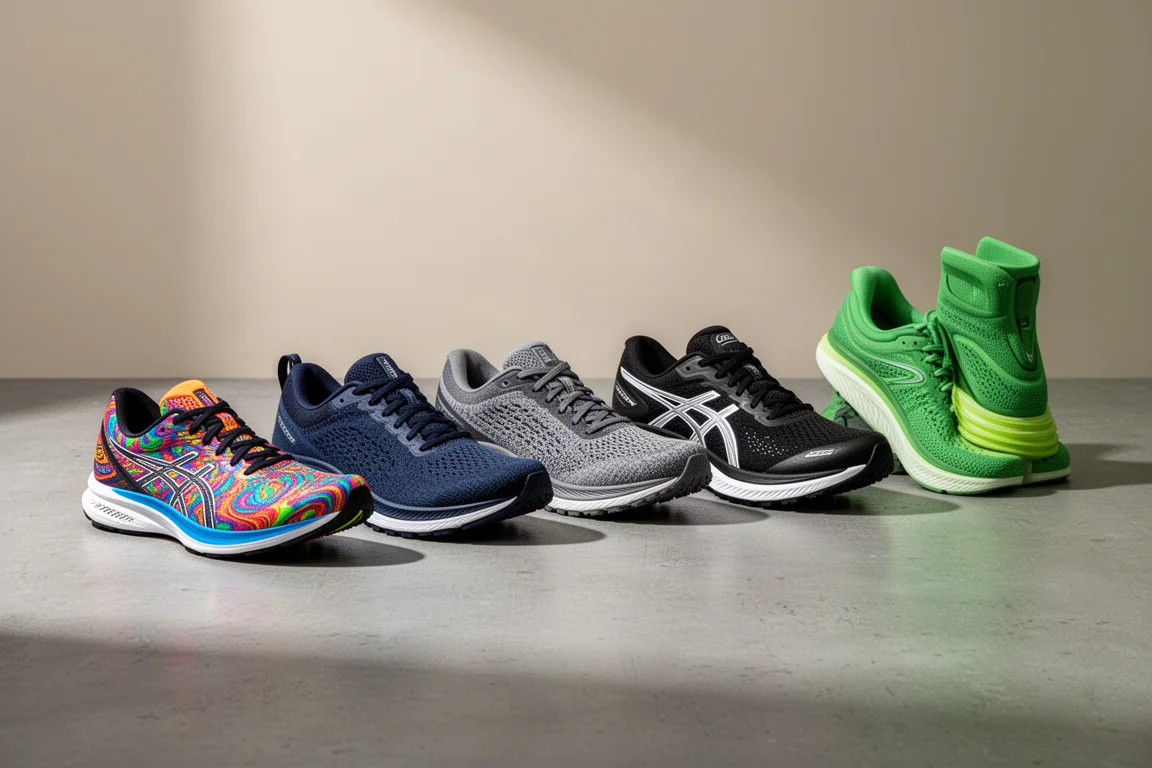 Six different discounted running shoes lined up on a grey concrete surface