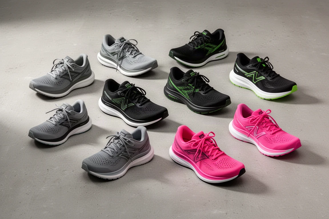 Collection of ten running shoes in varied colorways arranged on a concrete surface