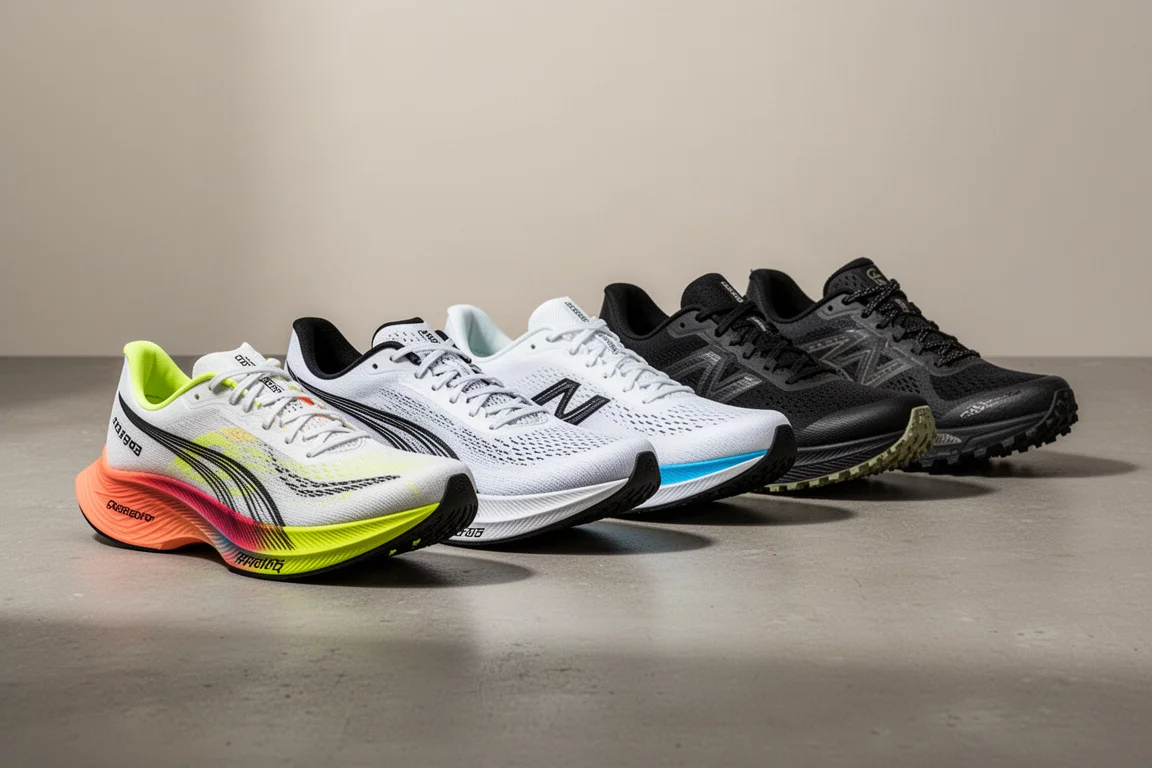 Row of seven running shoes including racers and trail shoes on a concrete surface