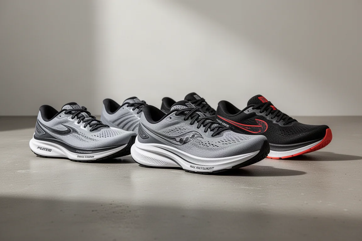 Row of running shoes with varied midsole profiles on a concrete surface