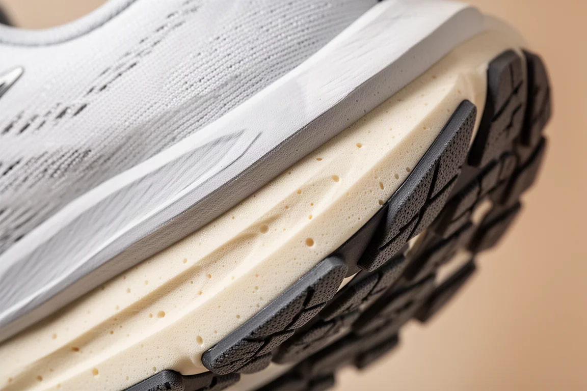 Zbliżenie na piankę midsole buta do biegania i gumową podeszwę zewnętrzną