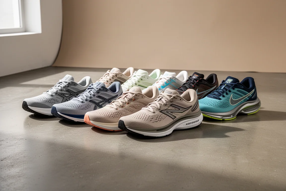 Row of ten assorted running shoes on a concrete studio floor