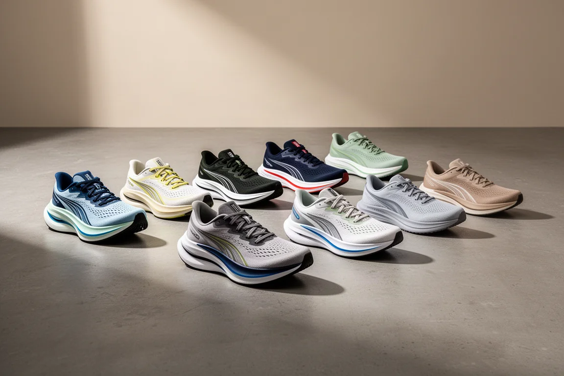 Ten running shoes of varied styles arranged in rows on a concrete floor