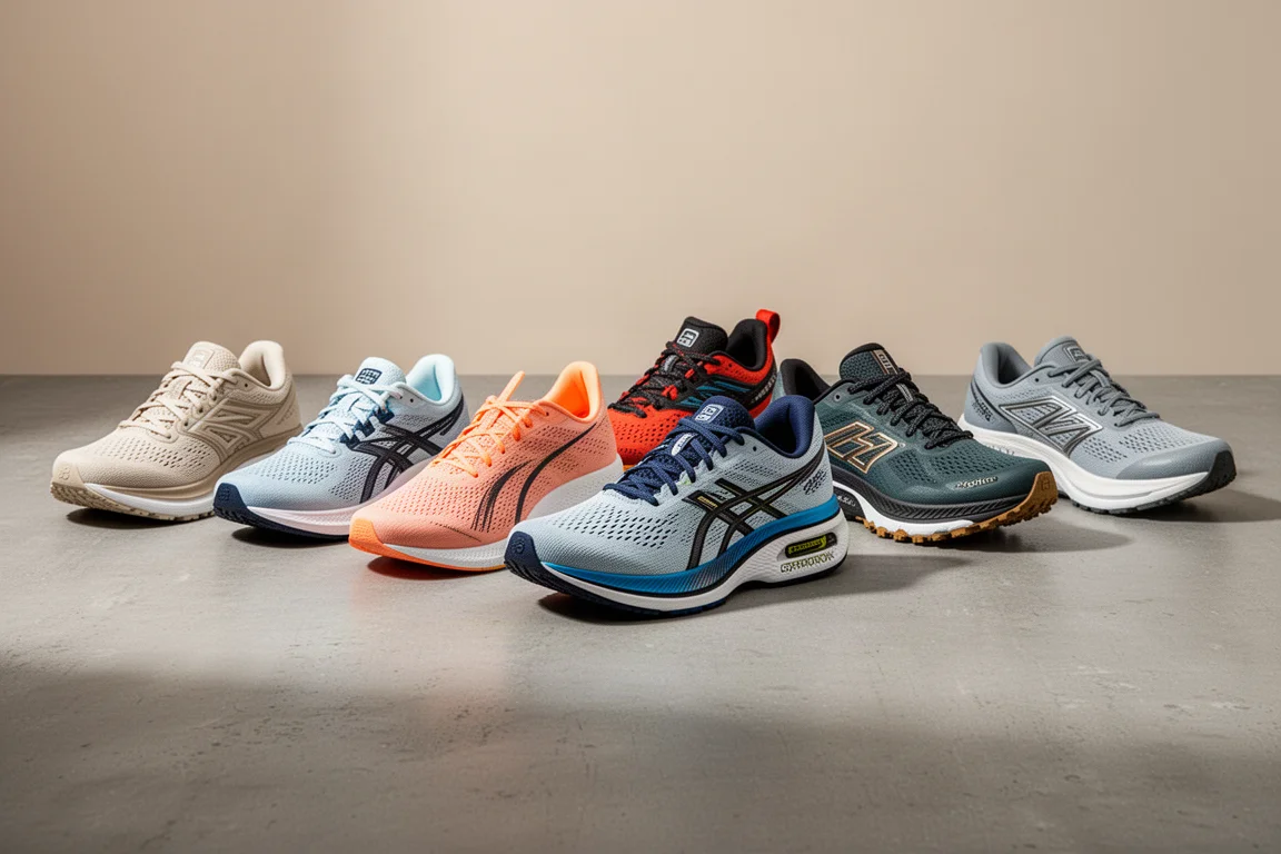 Flat-lay of eight running shoes in varied colorways on a concrete surface