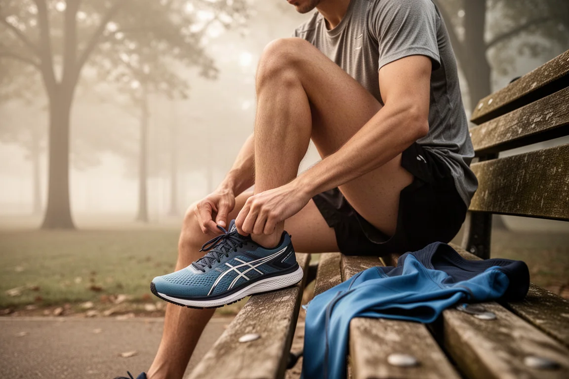 Hardloper die op een bankje in het park de veters van een trainingsschoen strikt voor de training
