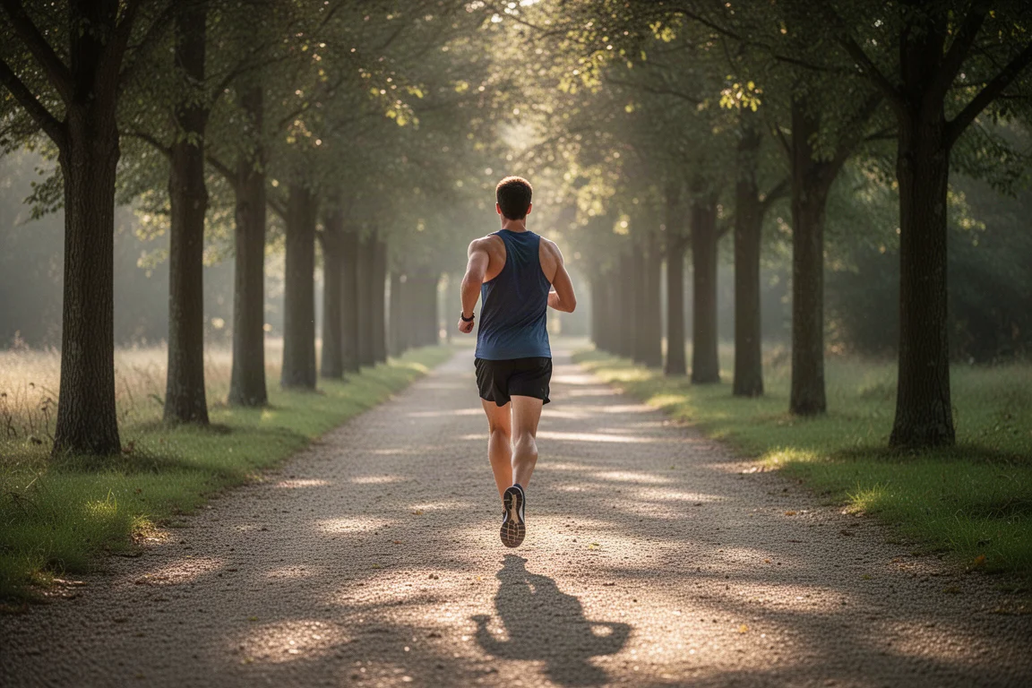 Hardloper op een lange rustige duurloop op een met bomen omzoomd pad