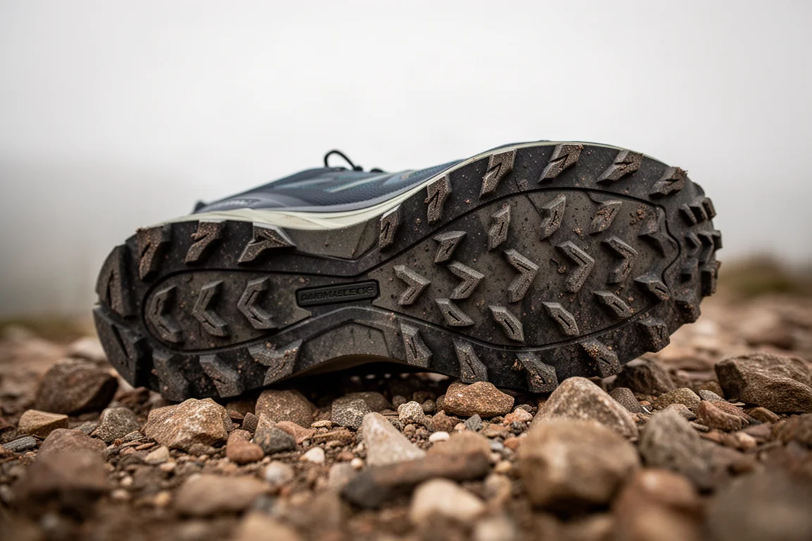 Zool van een trailrunningschoen met agressieve grip op rotsachtig terrein