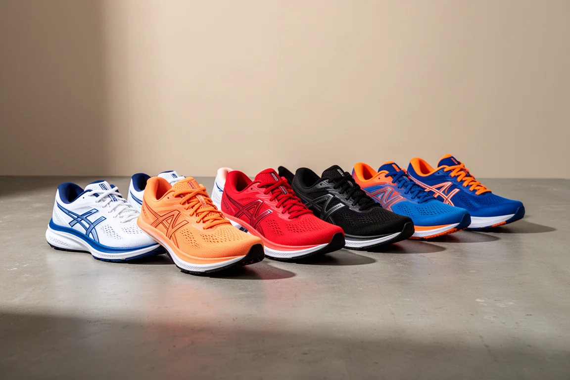 Line-up of nine discounted running shoes in various colorways on a concrete surface