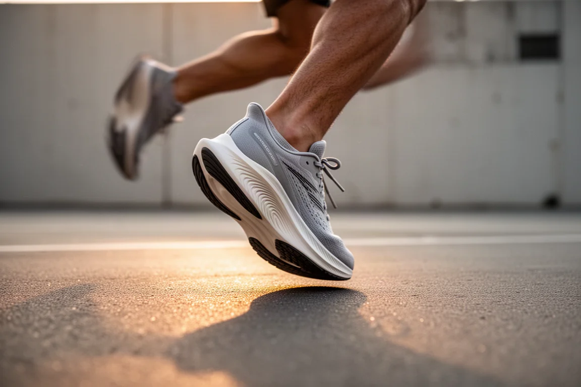 Pie de un corredor impactando el asfalto con una zapatilla de running de suela gruesa al amanecer