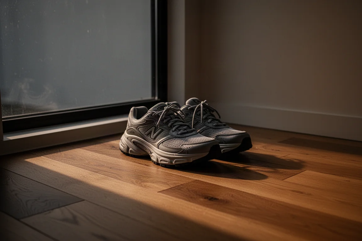Zapatillas de running sobre un suelo de madera junto a una ventana con luz de atardecer