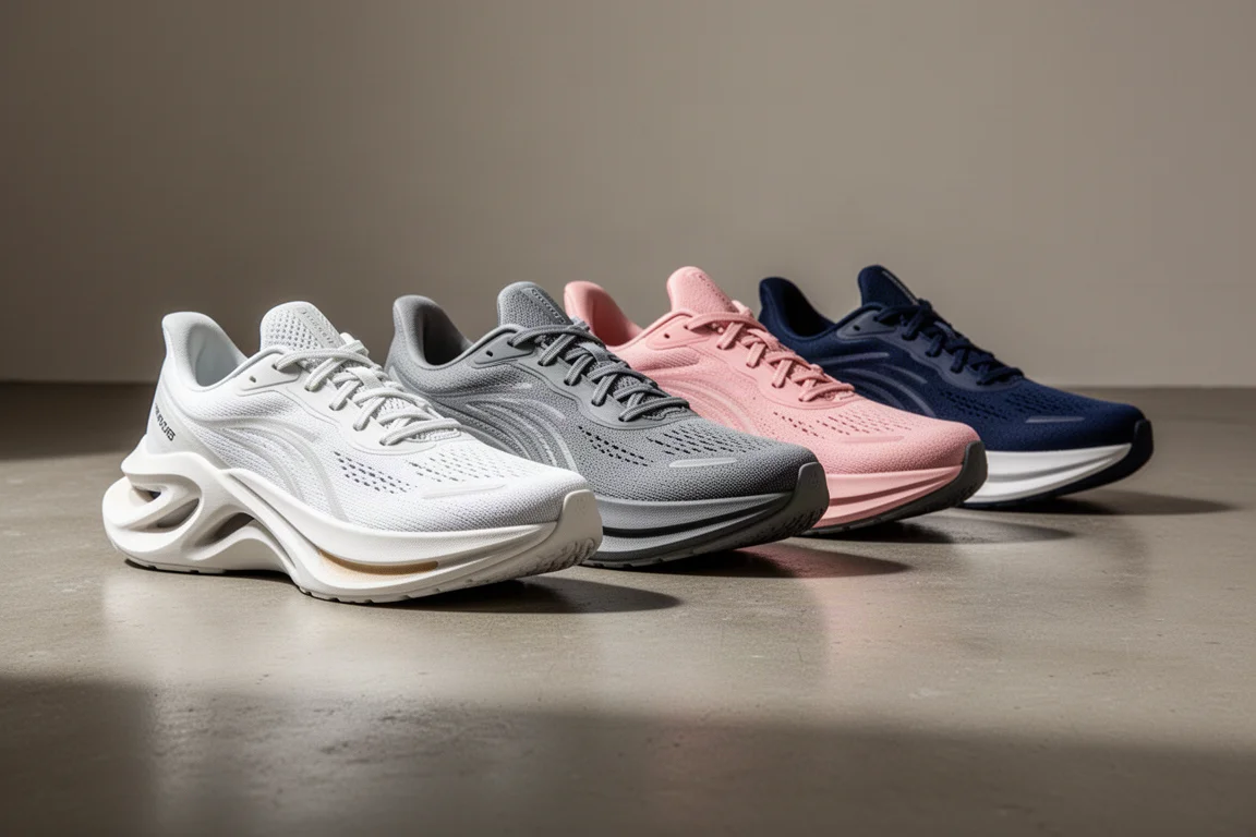 Row of modern running shoes with thick layered midsoles on concrete