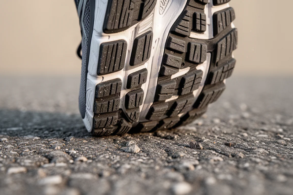 Dettaglio della suola di una scarpa da running con spessi nervi in gomma sull'asfalto