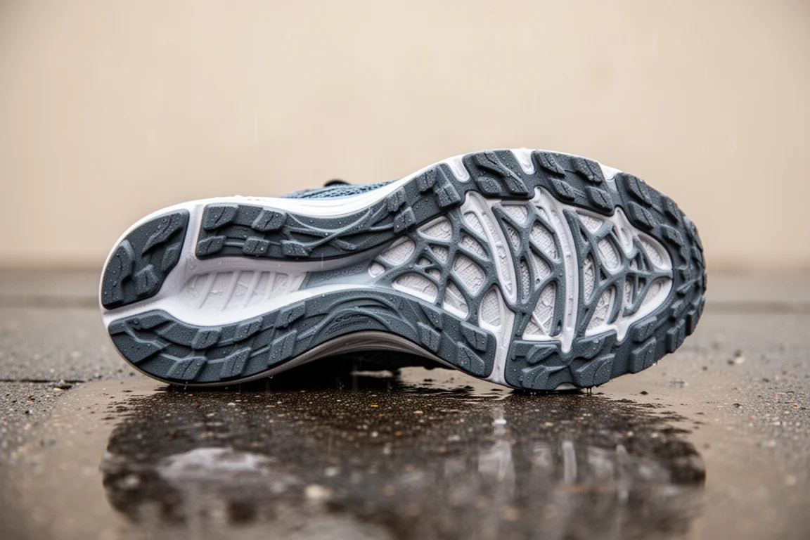 Suola di una scarpa Adidas da running con trama in gomma su pavimento bagnato