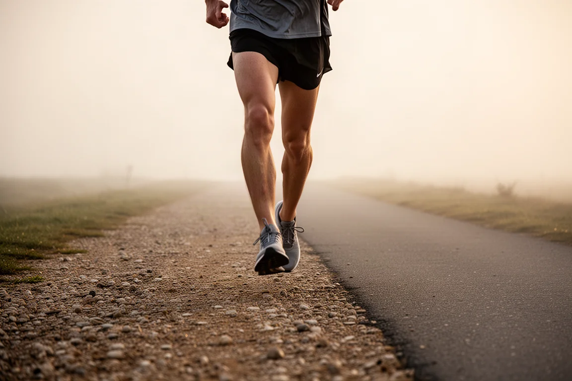 Runner che corre su un sentiero misto di ghiaia e asfalto alla luce del mattino