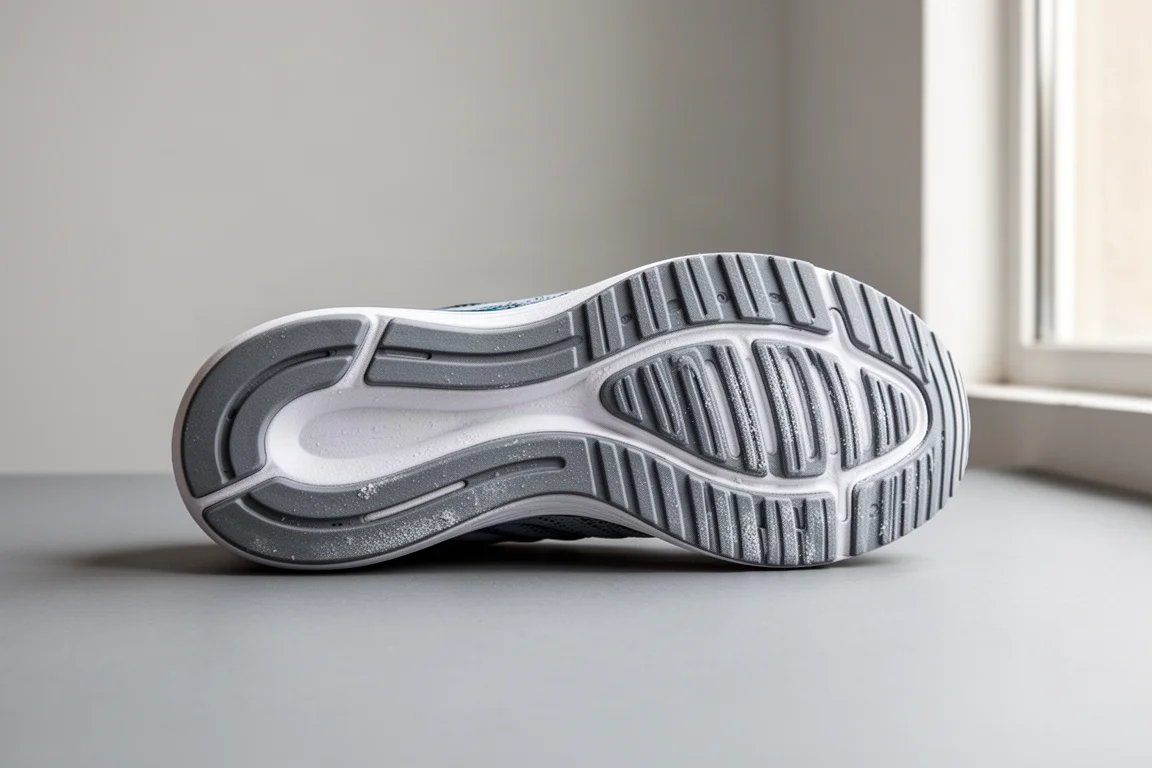 Scarpa da running con suola in gomma liscia appoggiata su una superficie grigia pulita da studio