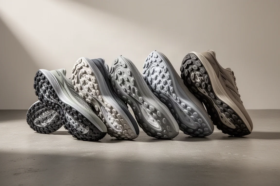 Five running shoes lined up on concrete showing their outsole patterns